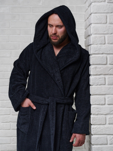 Мужской махровый халат PandaHug с капюшоном / черный