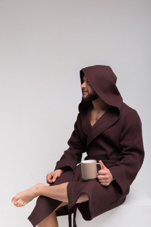 Мужской вафельный халат PandaHug Orlando с капюшоном / шоколадный