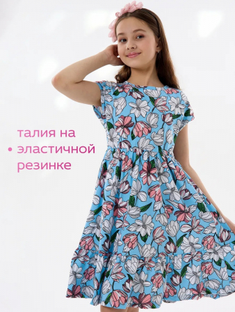 Детское платье "Ласточка" / Розовые тюльпаны на голубом