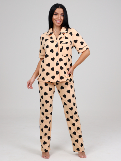 Женская пижама ЛЕДИ КК-61 / Черные сердечки на персиковом