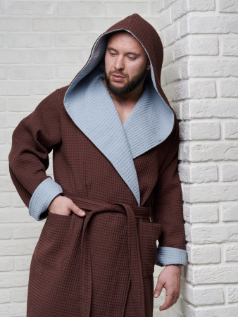 Мужской вафельный халат с капюшоном двухцветный / темный шоколад