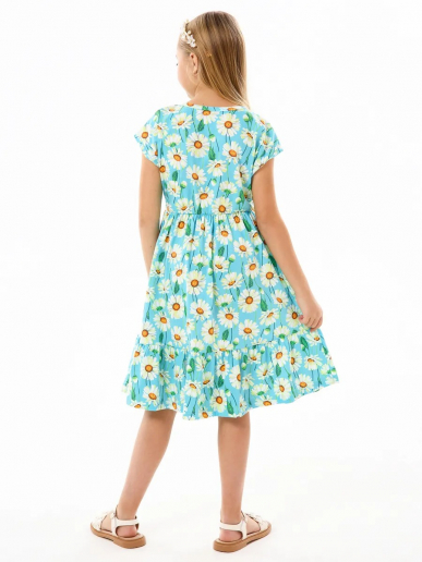 Детское платье "Ласточка" / Крупные ромашки на бирюзе