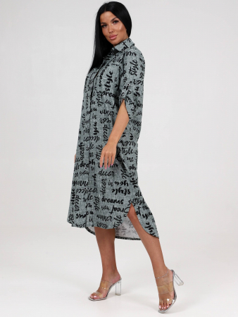 Женская туника МИДИ ТК-25 / Черные надписи на зеленой рогожке