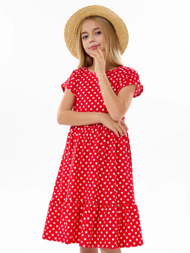 Детское платье "Ласточка" / Белый горошек на красном