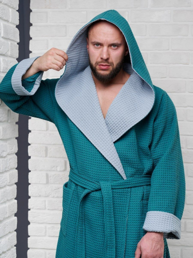 Мужской вафельный халат с капюшоном двухцветный / малахит