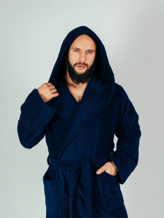 Мужской махровый халат PandaHug с капюшоном / синий