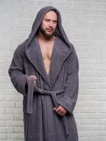 Мужской махровый халат PandaHug с капюшоном / темно-серый