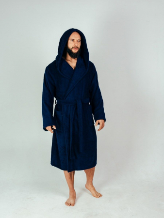 Мужской махровый халат PandaHug с капюшоном / синий