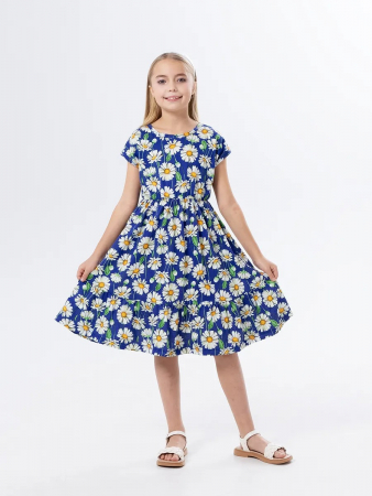 Детское платье "Ласточка" / Крупные ромашки на синем