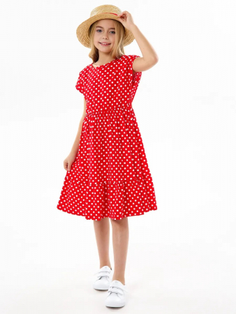 Детское платье "Ласточка" / Белый горошек на красном