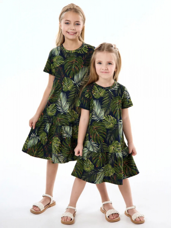 Детское платье "Лето" / Монстера на черном