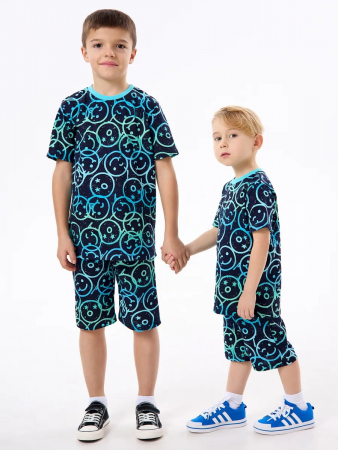 Детская пижама с шортами "Сорванец" / Смайлики на синем