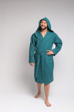 Мужской вафельный халат PandaHug Orlando с капюшоном / малахит