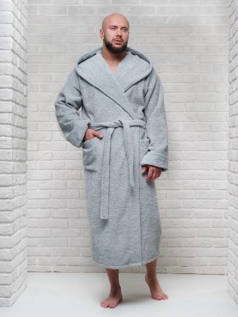Мужской махровый халат PandaHug с капюшоном / светло-серый