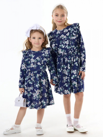 Детское платье "Красотка" / Цветущий сад на синем