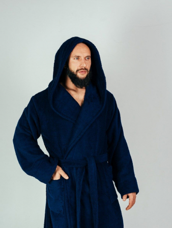 Мужской махровый халат PandaHug с капюшоном / синий