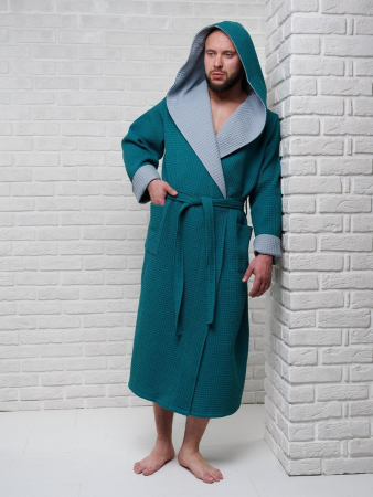 Мужской вафельный халат с капюшоном двухцветный / малахит
