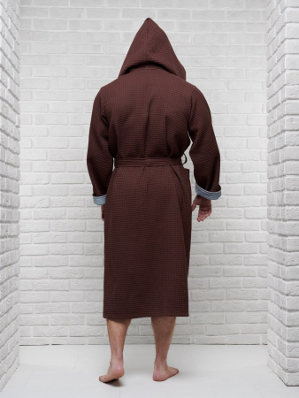 Мужской вафельный халат с капюшоном двухцветный / темный шоколад