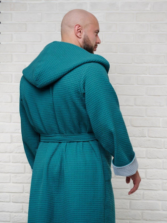 Мужской вафельный халат с капюшоном двухцветный / малахит