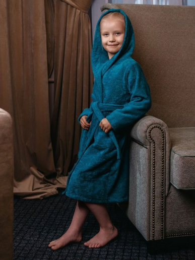 Детский махровый халат с капюшоном / морская волна