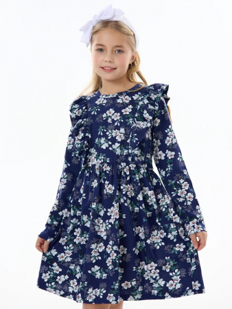 Детское платье "Красотка" / Цветущий сад на синем