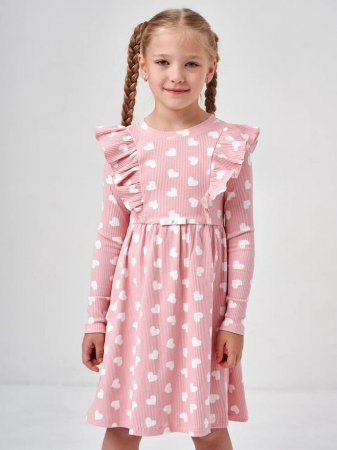 Детское платье "Бетти" длинный рукав / Розовый (сердечки)
