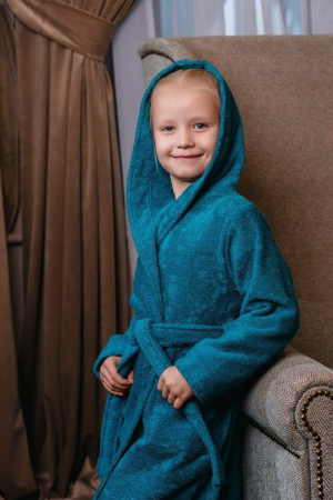 Детский махровый халат с капюшоном / морская волна