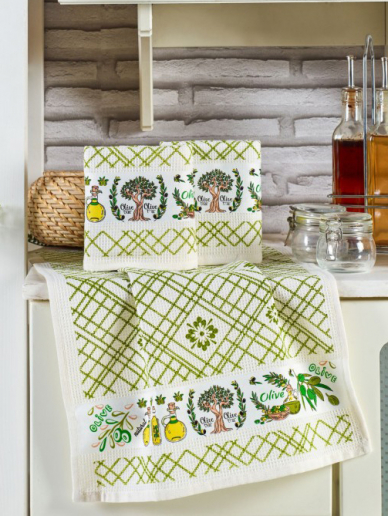 Набор кухонных полотенец 40*60 вафельное полотно 2 шт. на хангере / Оливка (Турция)