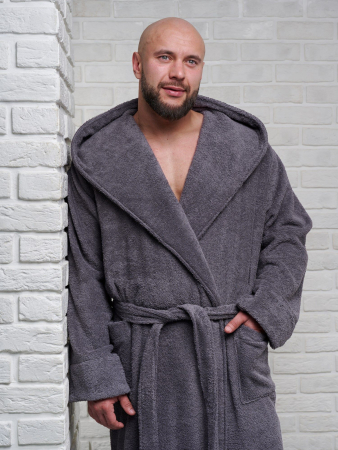 Мужской махровый халат PandaHug с капюшоном / темно-серый