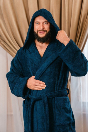 Мужской халат махровый с капюшоном / темно-синий с вышивкой