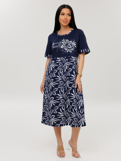 Женское платье Пл-167(К) / Синий (белые цветы + надпись)