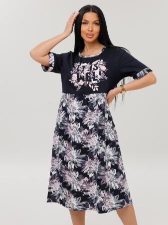 Женское платье Пл-167(К) / Черный (розовые цветы + надпись)
