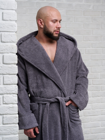 Мужской махровый халат PandaHug с капюшоном / темно-серый