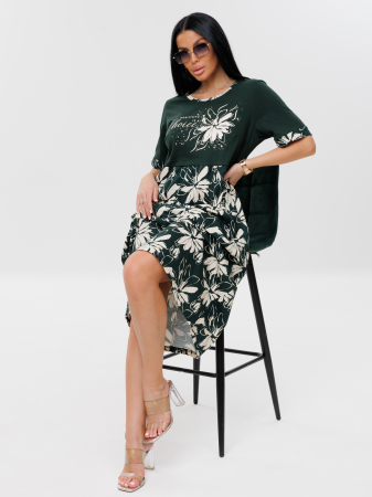 Женское платье Пл-167(К) / Темно-зеленый (белые цветы)
