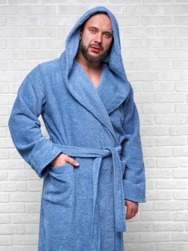 Мужской махровый халат PandaHug с капюшоном / лазурный