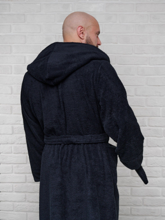 Мужской махровый халат PandaHug с капюшоном / черный