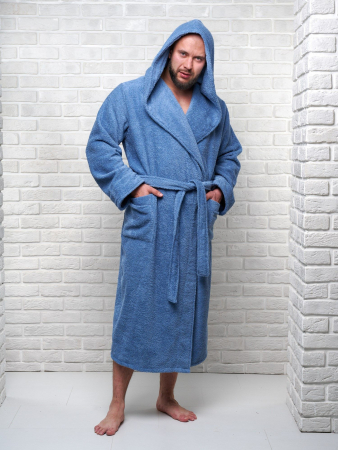 Мужской махровый халат PandaHug с капюшоном / лазурный