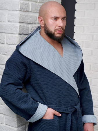 Мужской вафельный халат с капюшоном двухцветный / темно-синий