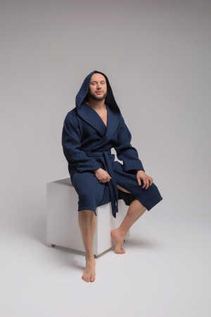 Мужской вафельный халат PandaHug Orlando с капюшоном / синий