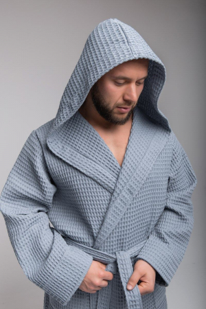 Мужской вафельный халат PandaHug Orlando с капюшоном / серый