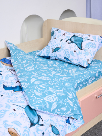 Детское постельное белье поплин с простыней на резинке / Киты