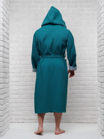 Мужской вафельный халат с капюшоном двухцветный / малахит