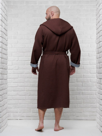 Мужской вафельный халат с капюшоном двухцветный / темный шоколад