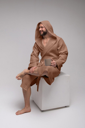 Мужской вафельный халат PandaHug Orlando с капюшоном / мокко