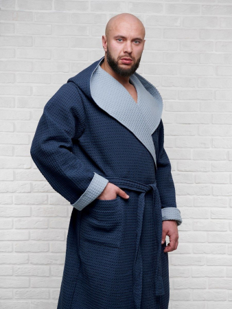 Мужской вафельный халат с капюшоном двухцветный / темно-синий