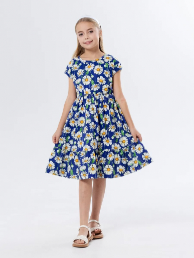 Детское платье "Ласточка" / Крупные ромашки на синем