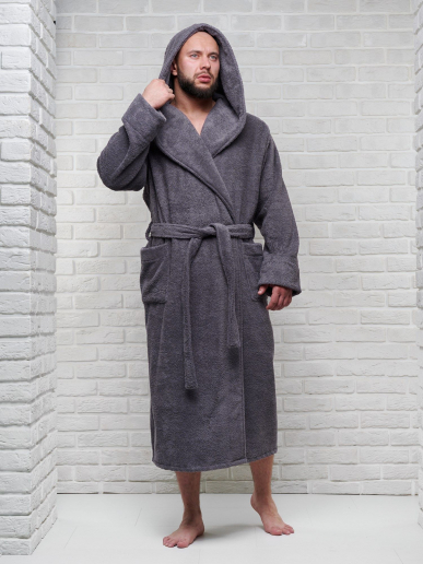 Мужской махровый халат PandaHug с капюшоном / темно-серый