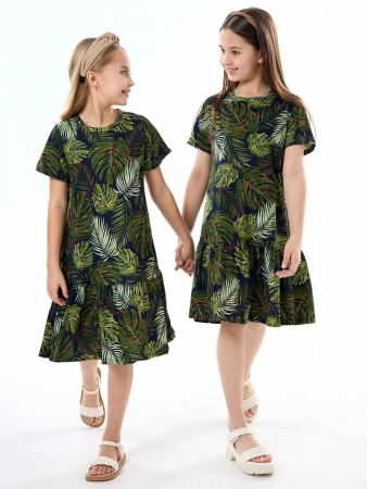 Детское платье "Лето" / Монстера на черном