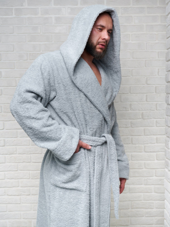 Мужской махровый халат PandaHug с капюшоном / светло-серый