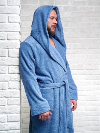 Мужской махровый халат PandaHug с капюшоном / лазурный